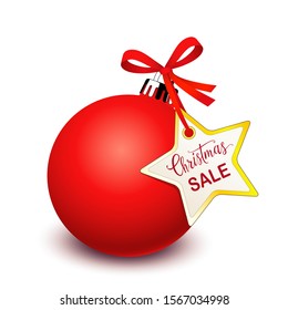 Red Christmas bauble with SALE star card, decorated with a ribbon bow,
Vector illustration isolated on white background
