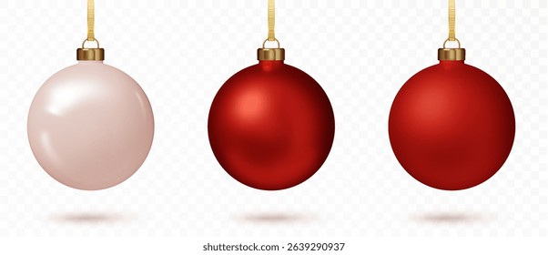 Red Christmas bauble set. 3D Realistic ornaments for holiday tree or festive project. Vector EPS.