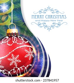 Red Christmas bauble with sparkles and fir branches on blue wavy background