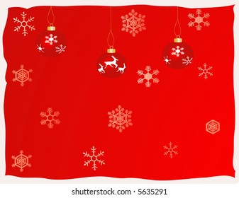 Red Christmas baubles against a red background with snowflakes