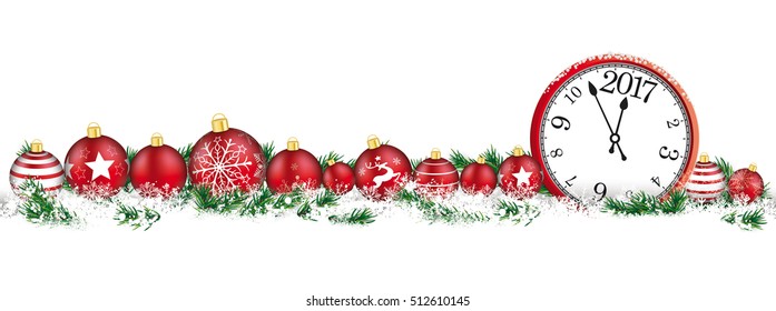 Red christmas baubles with clock and date 2017 and twigs on the white background.  Eps 10 vector file.