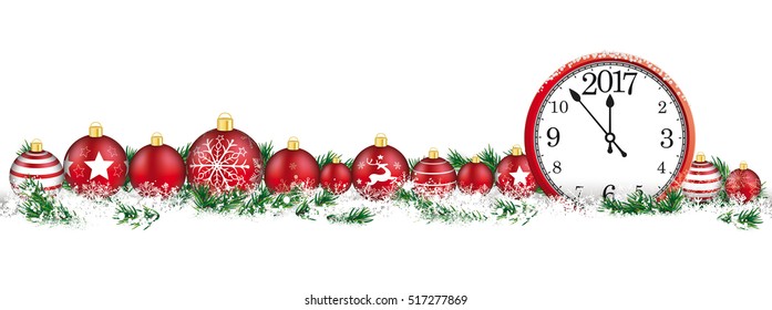 Red christmas baubles with clock and date 2017 and twigs on the white background.  Eps 10 vector file.