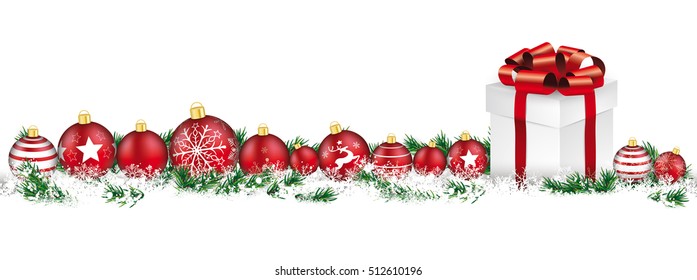 Red christmas baubles with gift, and twigs on the white background.  Eps 10 vector file.