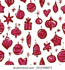 Red Christmas baubles on white background, minimal hand drawn seamless vector pattern