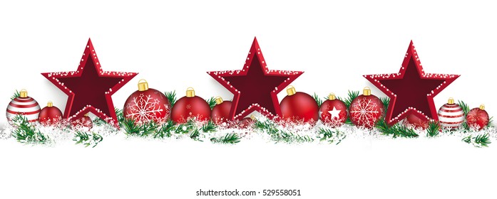 Red christmas baubles with twigs and red stars on the white background.  Eps 10 vector file.