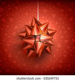 Red Christmas Bow on red background. Christmas related ornaments objects on color background. Greeting Card Ready for your design. Vector Illustration.
