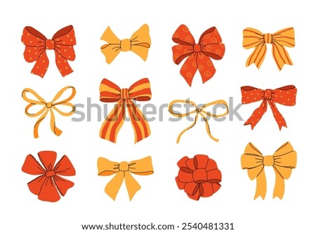 Red christmas bows. Hand drawn silk bow for holidays present boxes, Birthday gifts red ribbon decoration flat vector illustration set. Cartoon bows collection