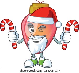 Red christmas bulb Cartoon character in Santa with candy