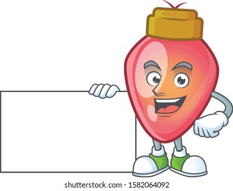 Red christmas bulb cute cartoon character with a board