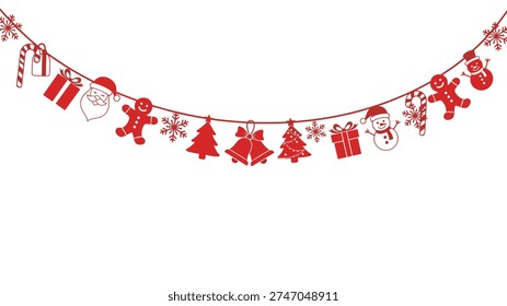 Red Christmas bunting featuring festive silhouettes like Santa, reindeer, snowflakes, and gingerbread men hanging on a string.