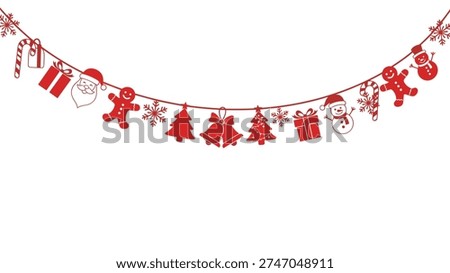 Red Christmas bunting featuring festive silhouettes like Santa, reindeer, snowflakes, and gingerbread men hanging on a string.