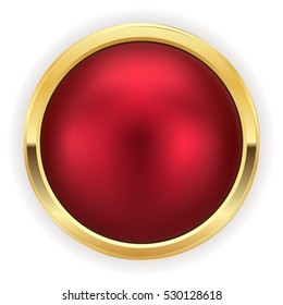 Red christmas button with gold border on white background