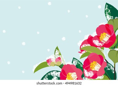 Red Christmas Camellias. Vector illustration, snow capped red camellias blooming in winter.