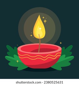 Red Christmas candle. Aroma candle. Chinese New Year. Fragrant small red candle, green leaves. Aromatherapy and spa decoration design.