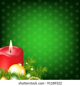 Red Christmas Candle With Fur Tree, Vector Illustration