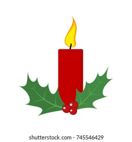 Red Christmas candle with holly berries. Vector illustration. Traditional Christmas decoration in flat design.