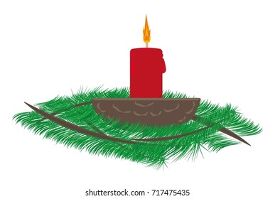 Red christmas candle in walnut shell and Christmas tree branches.