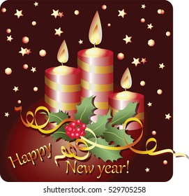 Red Christmas candles and Holly. Vector image. Design for banner, poster, greeting cards, flyers.