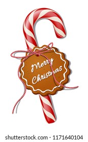 Red Christmas Candy Cane With Red Striped Ribbon And Cookie With Merry Christmas Text. Vector Christmas Design Element