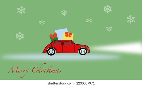 red Christmas car with gifts and snowflakes in the winter background