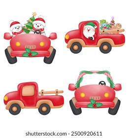 Red Christmas car and Santa with gift boxes