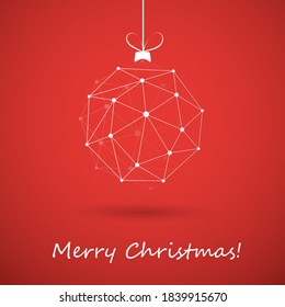 Red Christmas Card Background with White Polygonal Christmas Ball