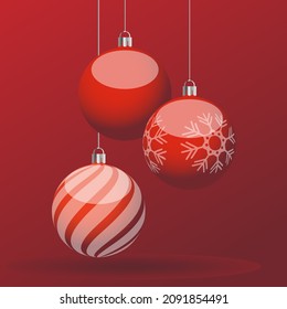 Red Christmas card with Christmas balls. Banner design. Merry christmas and happy new year