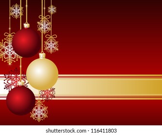 Red Christmas card with Christmas balls and snowflakes