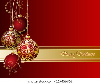 Red Christmas card with Christmas balls and snowflakes