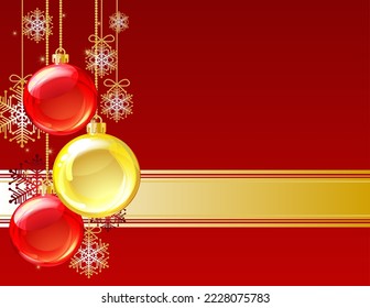 Red Christmas card with Christmas balls and snowflakes. Vector illustration