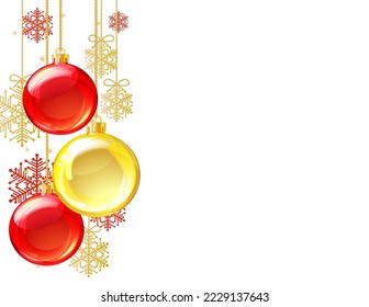 Red Christmas card with Christmas balls and snowflakes. Vector illustration