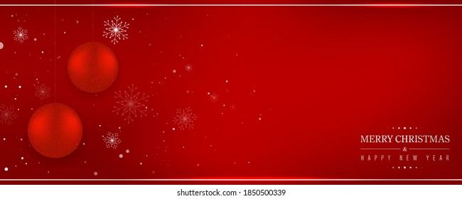 Red christmas card or banner with christmas balls and snowflakes. Place for your message. Vector illustration.