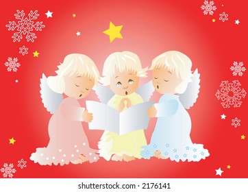 red Christmas card with carol singing angels