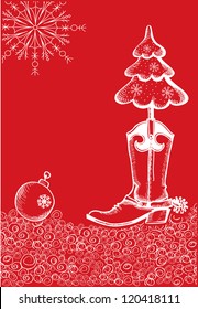 red christmas card with cowboy boot and fir-tree