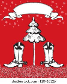 red christmas card with cowboy boots and fir-tree.Celebrate image for text