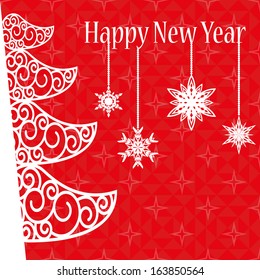 red christmas card with fir tree