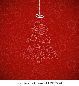 Red Christmas Card with flowers. Vector illustration.