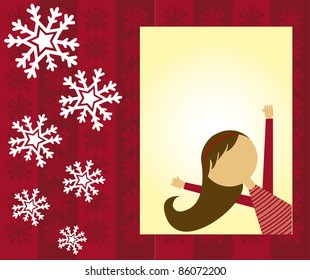 red christmas card with girl and snowflakes background. vector
