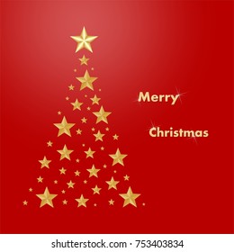 Red Christmas card with a gold Christmas tree composed of gold illuminating stars with a glowing writing Happy Merry Christmas on a red background 