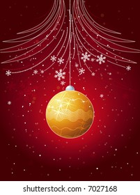 red christmas card with golden  ball, vector