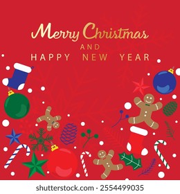 A red Christmas card with golden text reading "Merry Christmas and Happy New Year," featuring festive decorations like gingerbread, ornaments, candy canes, and stockings for holiday cheer.