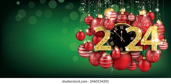 Red christmas card with hanging red baubles, clock and date 2024. Eps 10 vector file.