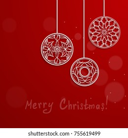 red Christmas card with hanging decorations