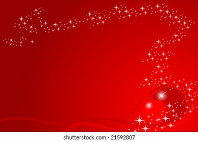 red christmas card with ribbon, balls and stars