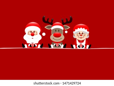 Red Christmas Card Santa Reindeer And Wife