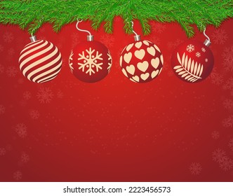 Red Christmas card with snowflakes and Christmas ball holiday decorations. merry christmas and happy new year vector illustration.