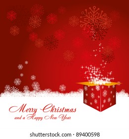Red Christmas card with snowflakes and starry gift box, vector illustration