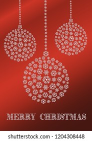 A red Christmas card with three Christmas ornaments formed by snowflakes