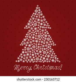 Red Christmas card with Christmas tree made from white beautiful snowflakes. Vector illustration