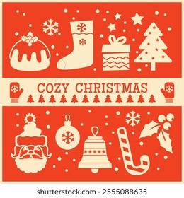 Red Christmas card vector retro illustration. Vector cozy Christmas illustration for winter holiday on red white background. The design includes Santa, candy canes, Christmas objects and decoration.